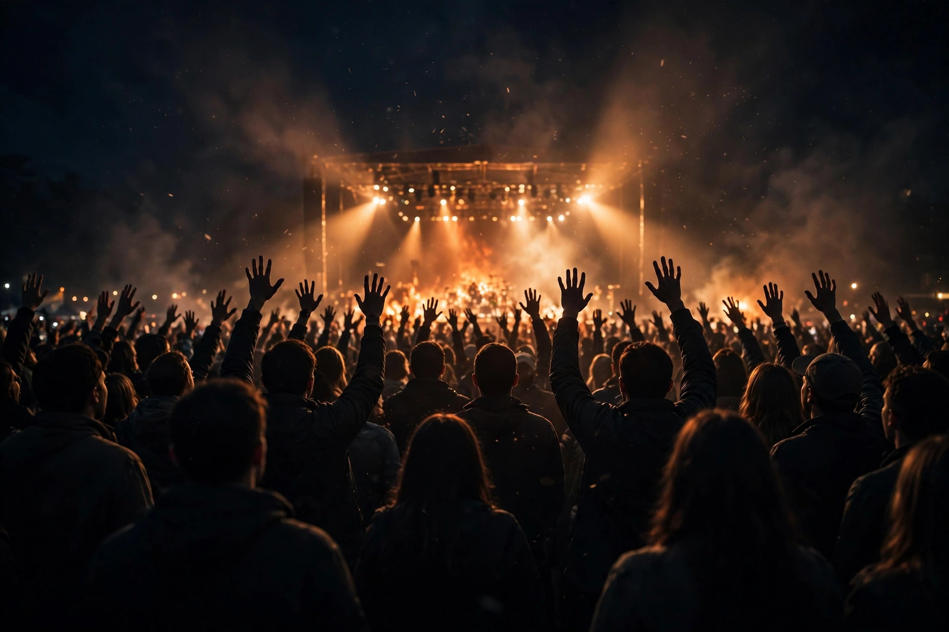 A crowd at night, hands raised toward a glowing stage